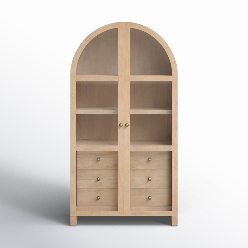 Curio Cabinet Arched Top Lower Drawers Light Natural Wood Storage