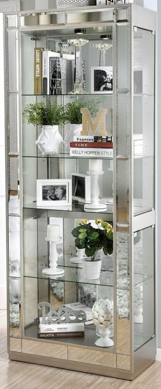 Curio Cabinet Beveled Mirror Trim Puck Lights Reflective Silver