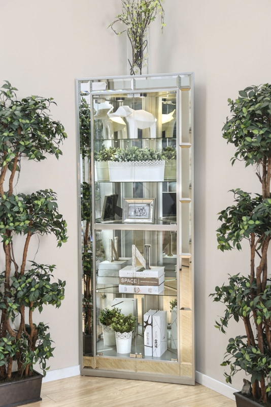 Curio Cabinet Corner Fit Faceted Mirrored Frame Silver Metallic Case