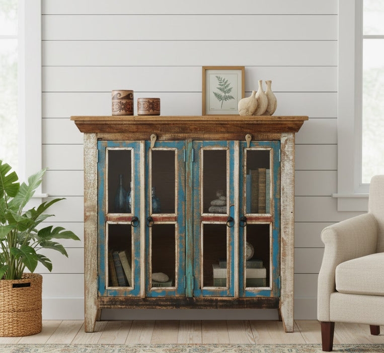 Curio Cabinet Distressed Teal Doors Reclaimed Wood Look Rustic Style