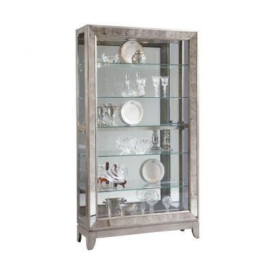 Curio Cabinet Five Shelf Display Aged Silver Finish Mirrored Interior Glam