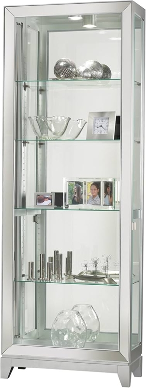 Curio Cabinet Halogen Lighting Silver Finish Mirrored Back Glam Storage