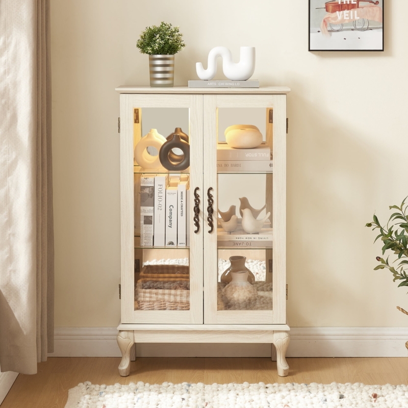 Curio Cabinet Interior Lighting Cabriole Legs Ornate Handles White