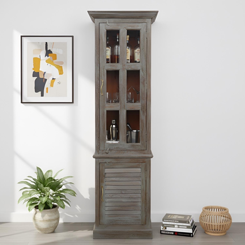 Curio Cabinet Louvered Door Distressed Gray Finish Tall Farmhouse