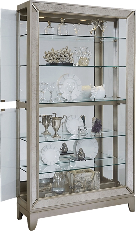Curio Cabinet Mirrored Frame Insets Five Tier Top Lights Silver Gray
