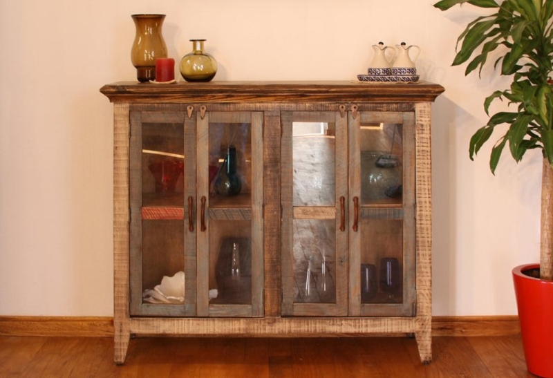 Curio Cabinet Multi Tone Finish Distressed Rustic Farmhouse Storage