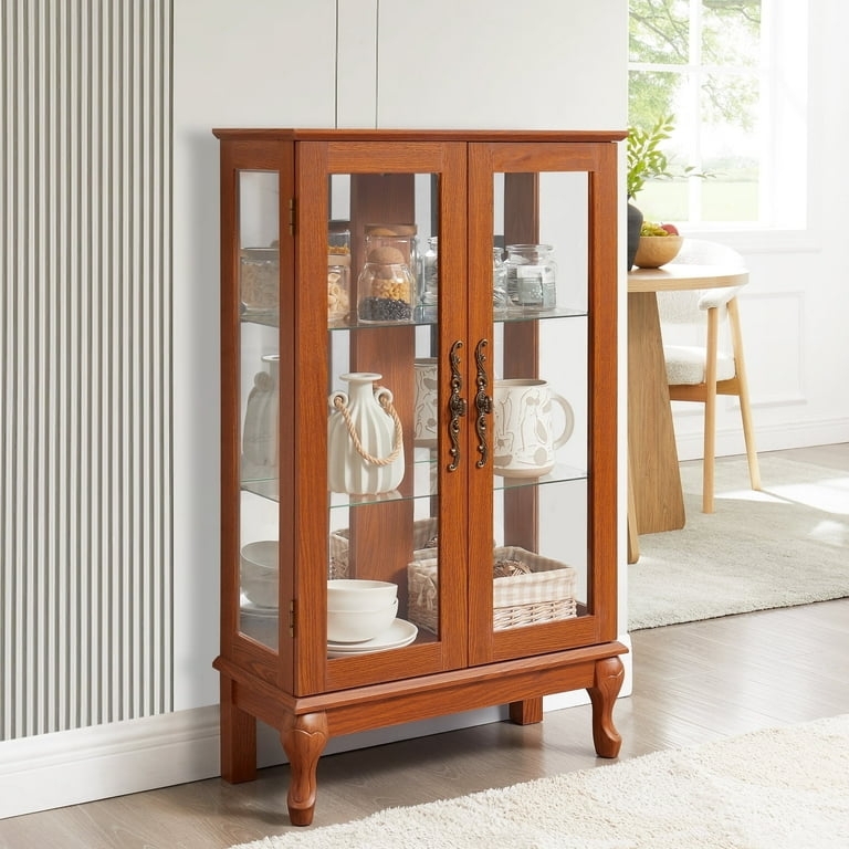 Curio Cabinet Oak Brown Cabriole Legs Ornate Scroll Handles Classic