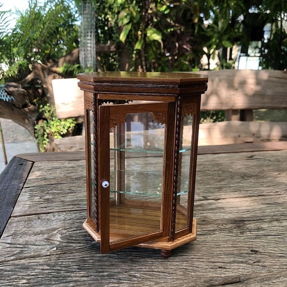 Curio Cabinet Octagonal Shape Carved Details Miniature Scale Walnut