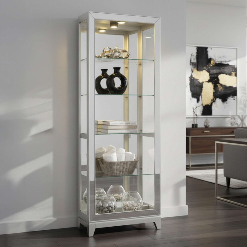 Curio Cabinet Off White Finish Mirrored Trim Interior Puck Lights