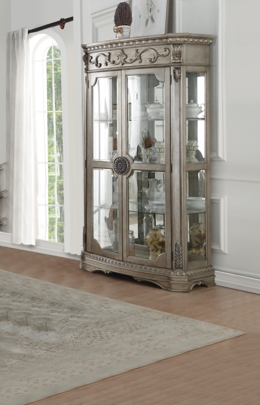 Curio Cabinet Ornate Scrollwork Central Medallion Antique Silver Traditional