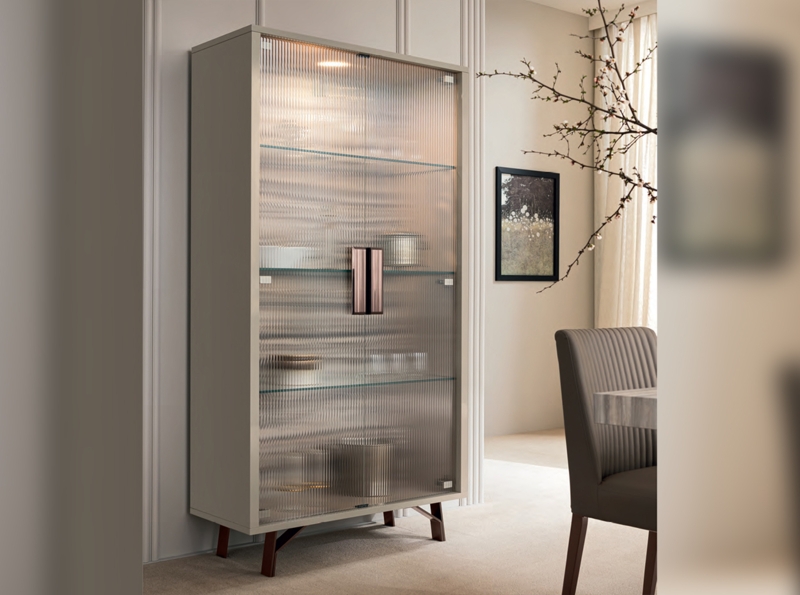 Curio Cabinet Ribbed Glass Rose Gold Handles Integrated Lighting Modern