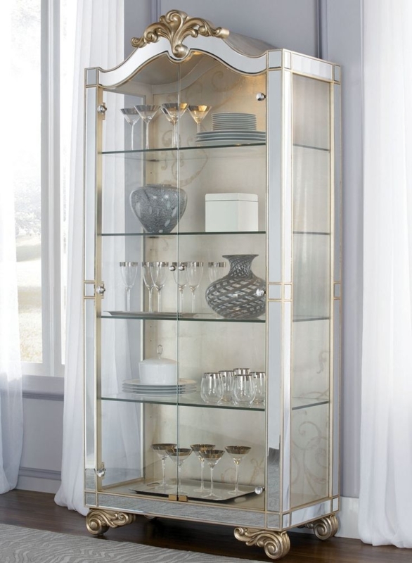 Curio Cabinet Scrolled Crown Damask Patterned Back Mirrored Frame