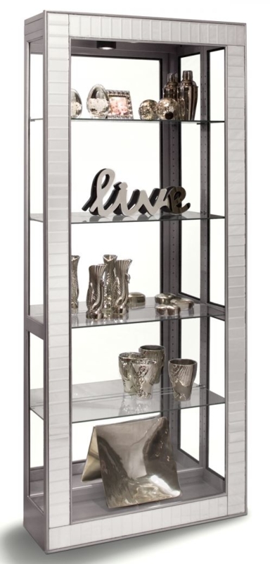 Curio Cabinet Tiled Mirror Frame Distressed Silver Integrated Spotlight