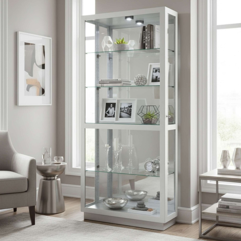 Curio Cabinet White Frame Interior Lighting Mirrored Back Display