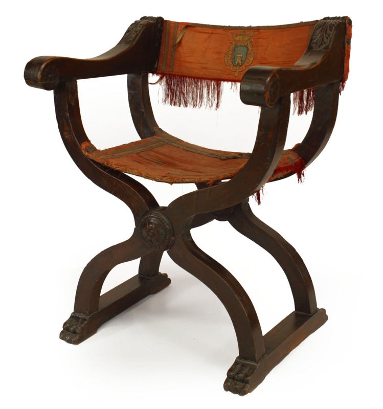 Curule Armchair Italian Renaissance Walnut Heraldic Crest