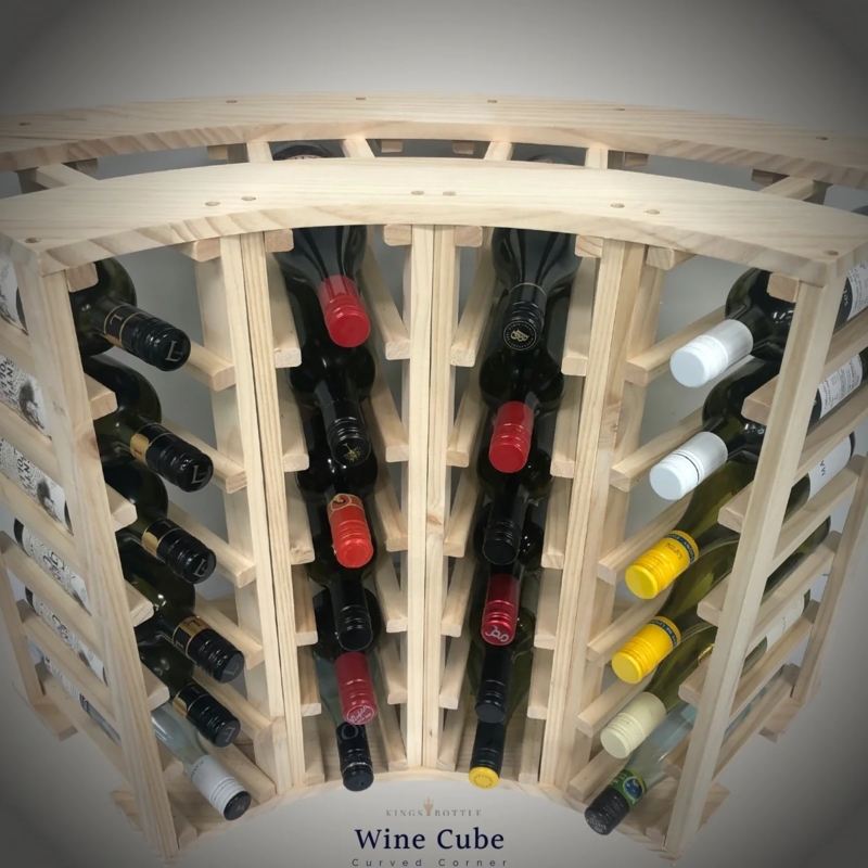 Curved Corner Wine Rack with Slatted Design in Natural Wood.