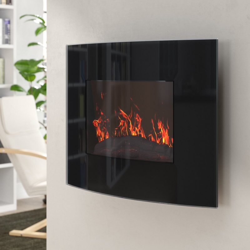 Curved Glass Electric Fireplace Glossy Finish Slim Faux Logs