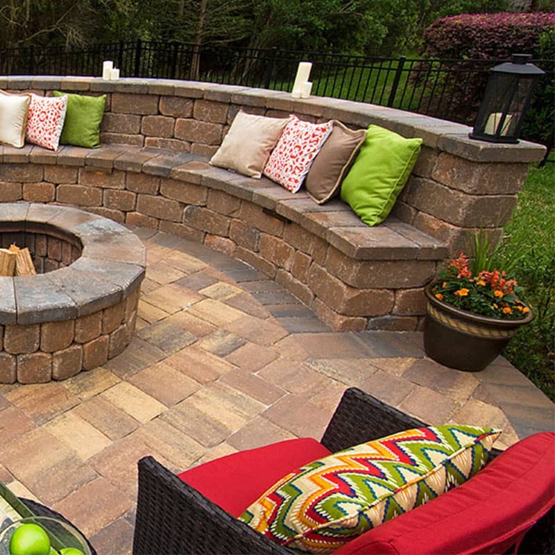 Curved Masonry Garden Bench forming Fire Pit Surround