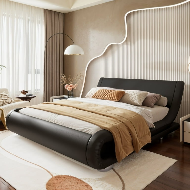 Curved Platform Bed Matte Black Integrated LED Lighting