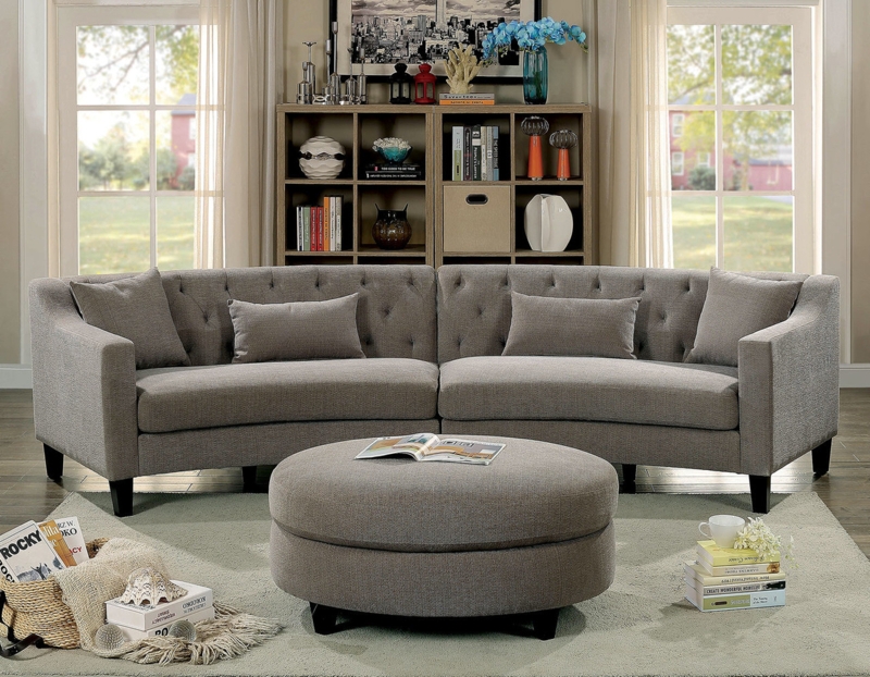 Curved Sectional Sofa: Charcoal Gray Button Tufted Back