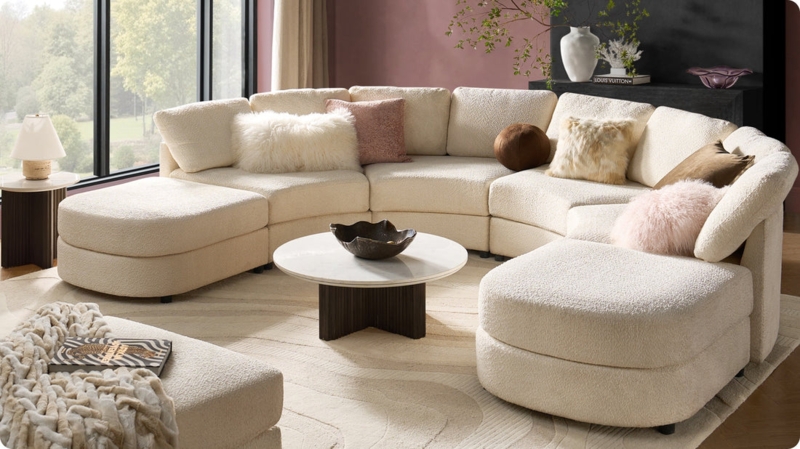 Curved Sectional Sofa: Cream Boucle with Integrated Ottomans