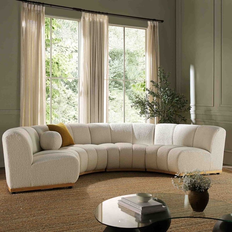 Curved Sectional Sofa: Ecru Boucle Half Circle Design