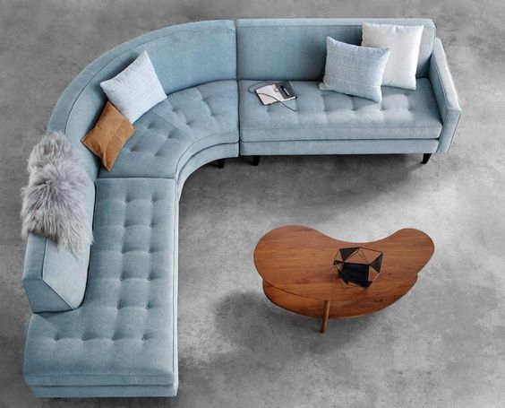 Curved Sectional Sofa: Powder Blue Button Tufted Seat