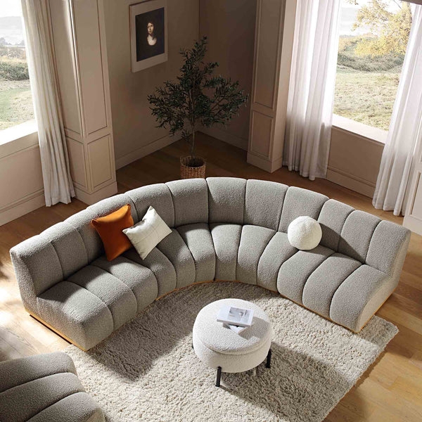 Curved Sectional Sofa: Taupe Boucle Corner Seat Wood Trim