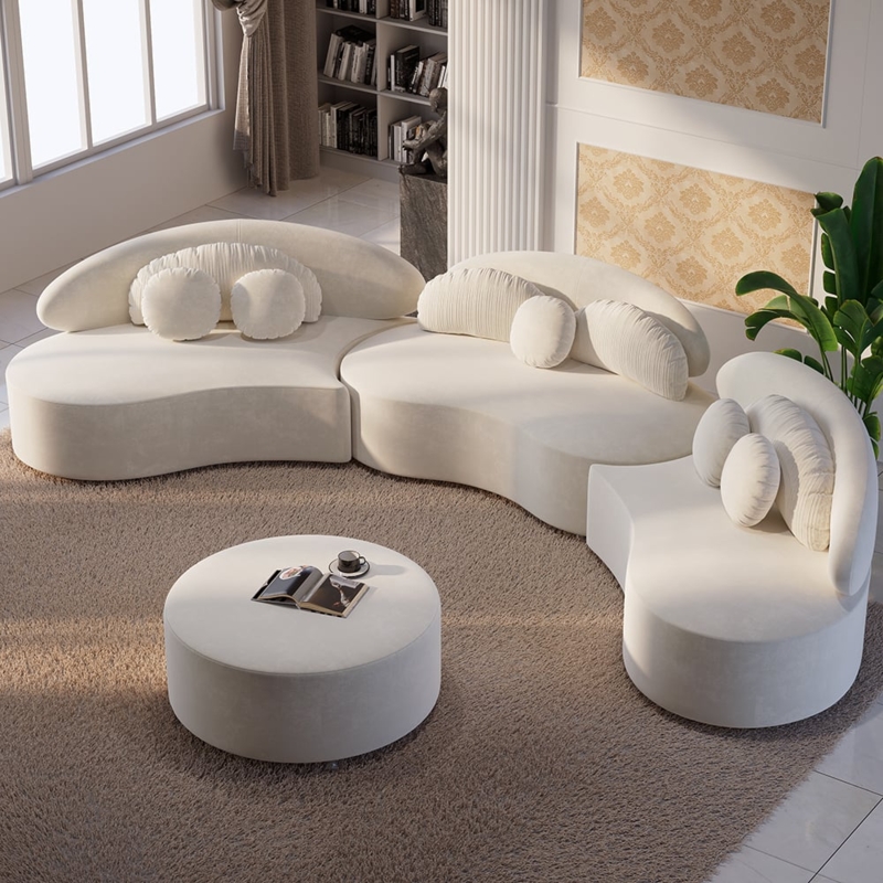 Curved Sectional Sofa: Velvet Upholstery with Round Ottoman