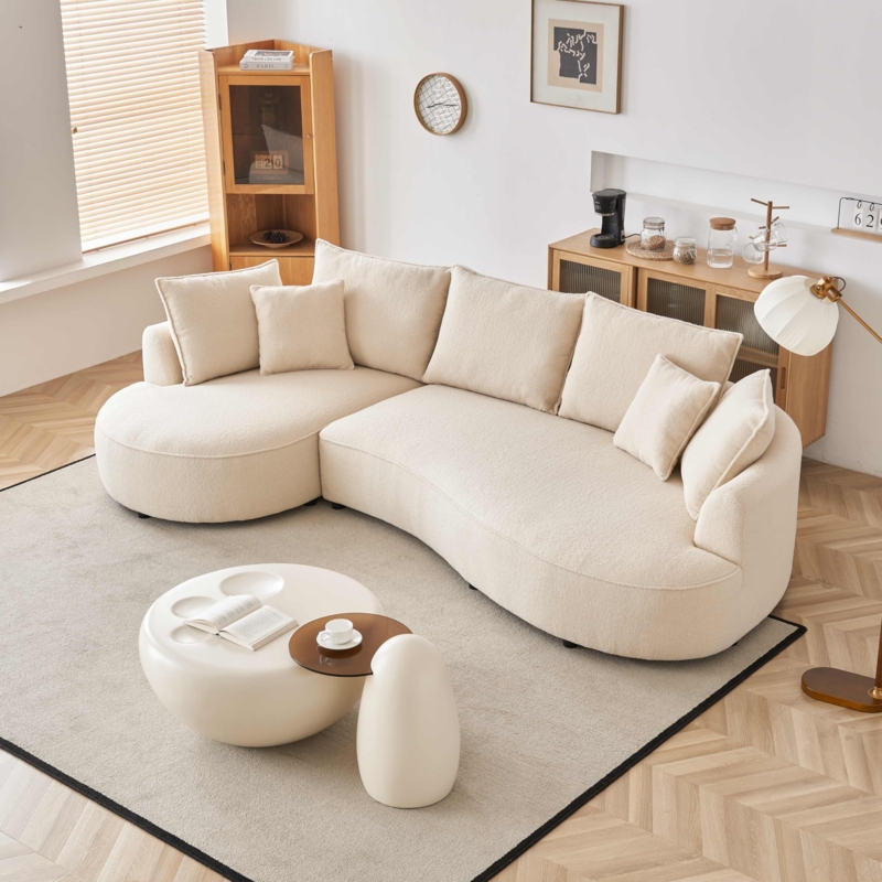 Curved Sectional Sofa: White Boucle Organic Shape Seating