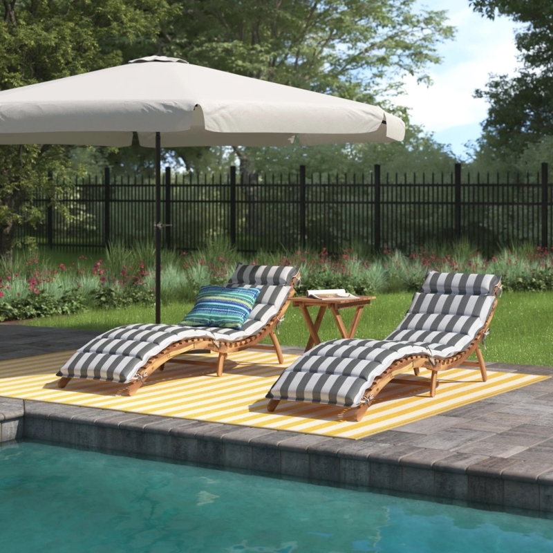 Curved Wood Chaise Lounge with Charcoal Striped Cushions