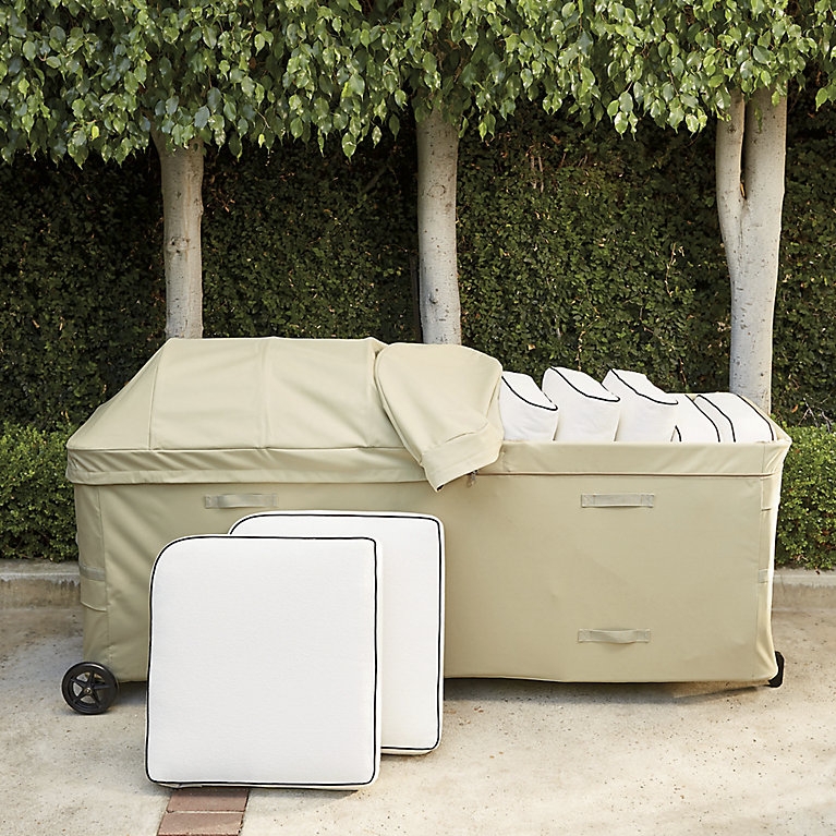 Cushion Storage, Rolling Beige Bin for Piped Cushion Sets