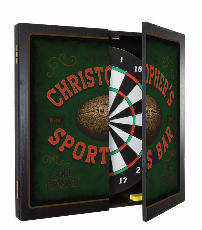 Custom Football Dartboard Cabinet with Matte Black Finish and Typography