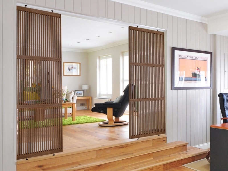 Custom Wood Slat Partition Three Tier Frame Floor To Ceiling Split Level