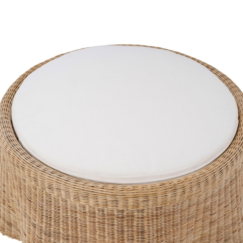 Cylindrical Ottoman with Woven Rattan Base and White Cushion
