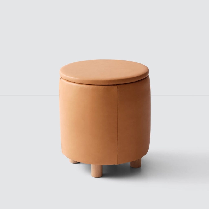 Cylindrical Storage Ottoman with Short Wooden Legs