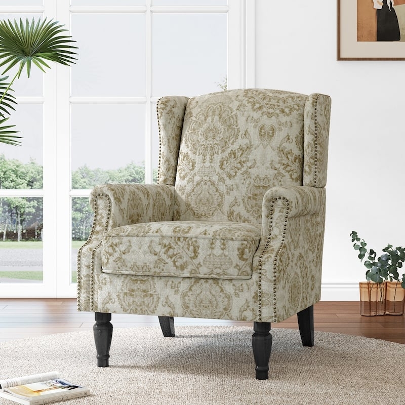 Damask Pattern Wingback Chair with Antique Nailhead Trim