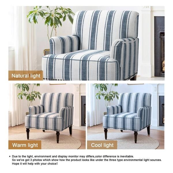 Dark Blue Linen Stripe Accent Chair, Nailhead Trim, Tapered Legs Coastal