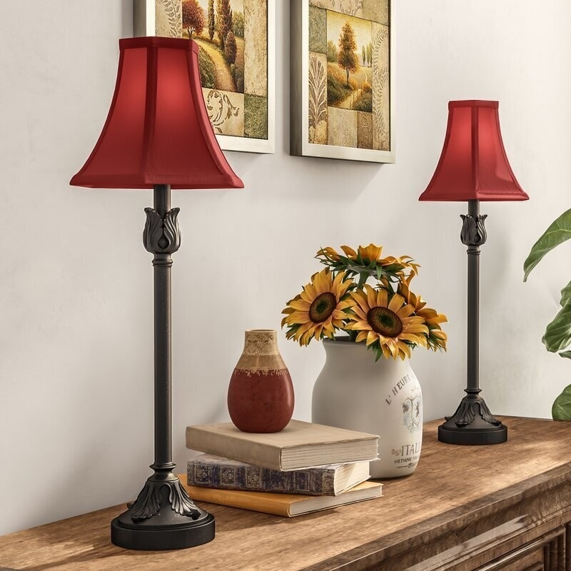 Dark Bronze Buffet Lamps: Fleur de Lis Accent & Crimson Red Shade (69 chars)