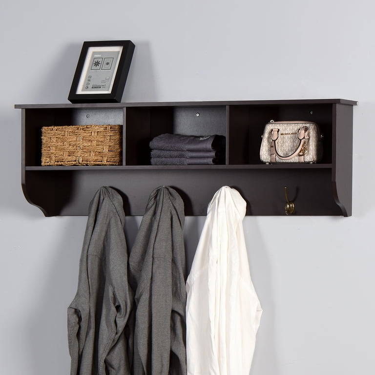 Dark Brown Coat Rack with Cubbies and Top Display Shelf