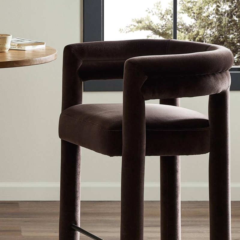 Dark Brown Velvet Counter Stool with Sculptural Cylindrical Legs