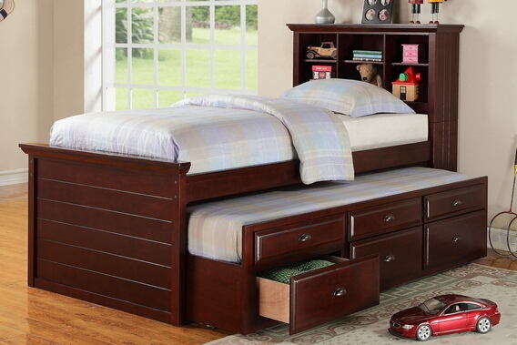 Dark Cherry Trundle Bed, Traditional Wood Finish, Semi-Glossy Drawers