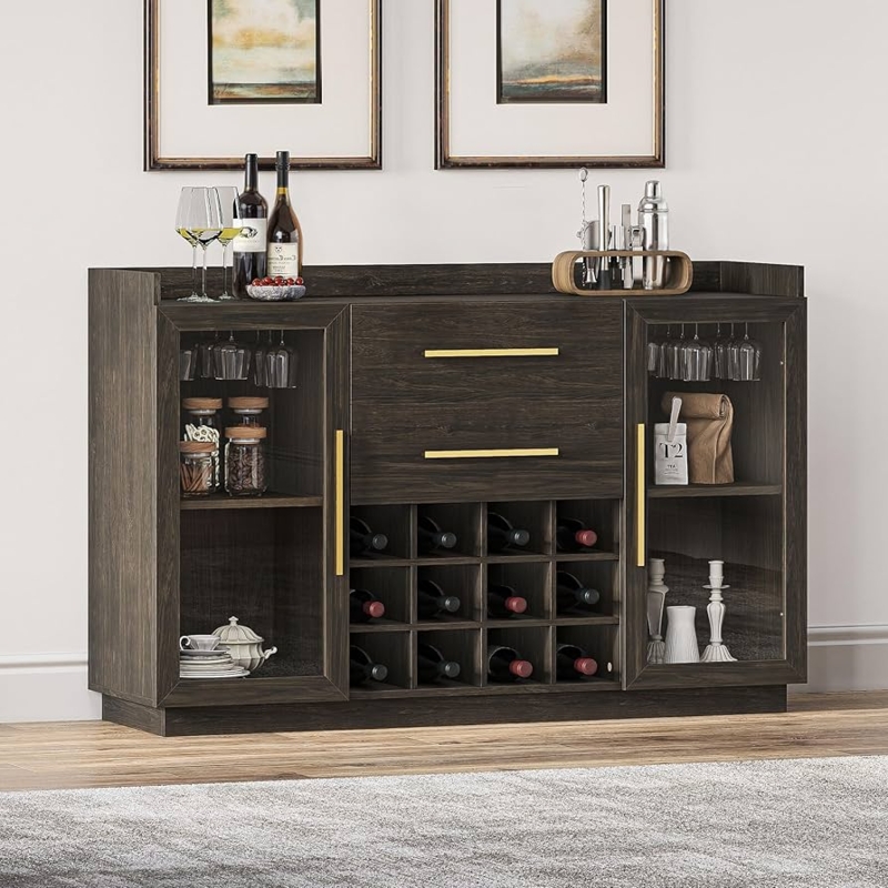 Dark Espresso Wine Cabinet with Gold Hardware Accents