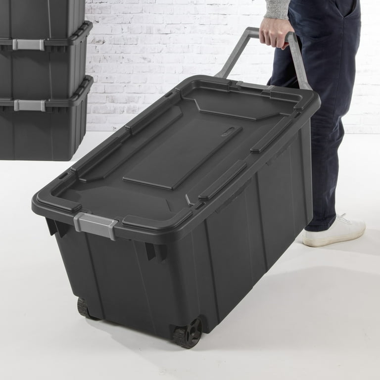 Dark Gray Industrial Storage Bin with Wheeled Base and Latch Lid