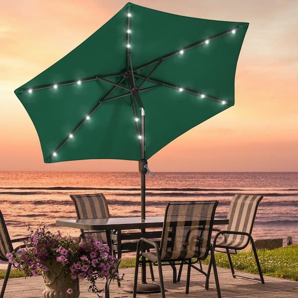 Dark Green Patio Umbrella Integrated LEDs Easy Tilt Octagonal Canopy