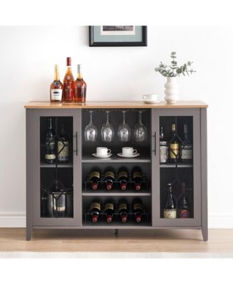 Dark Grey Wine Bar Cabinet with Lattice Glass Doors