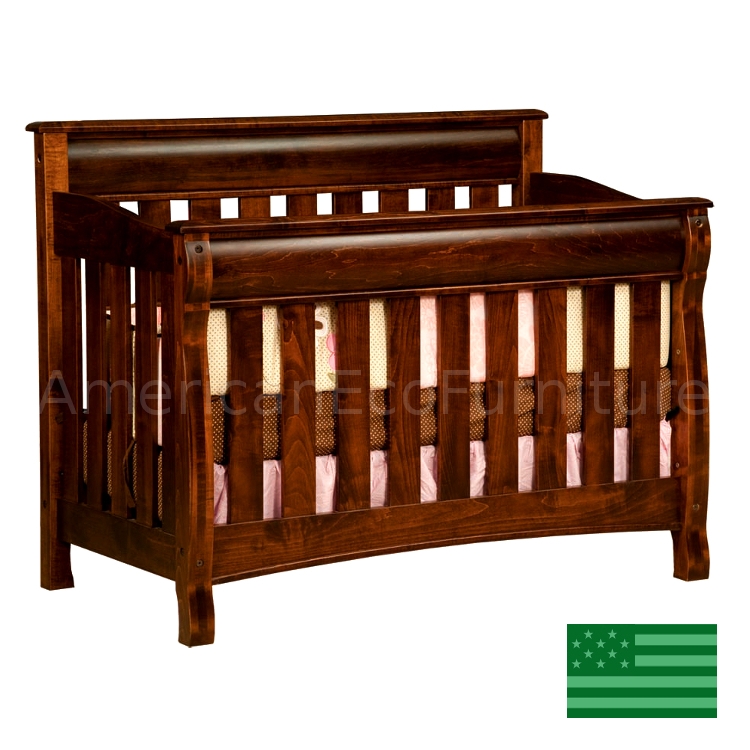 Dark Walnut Baby Crib featuring Sleigh Rails and Ruffled Skirt Detail