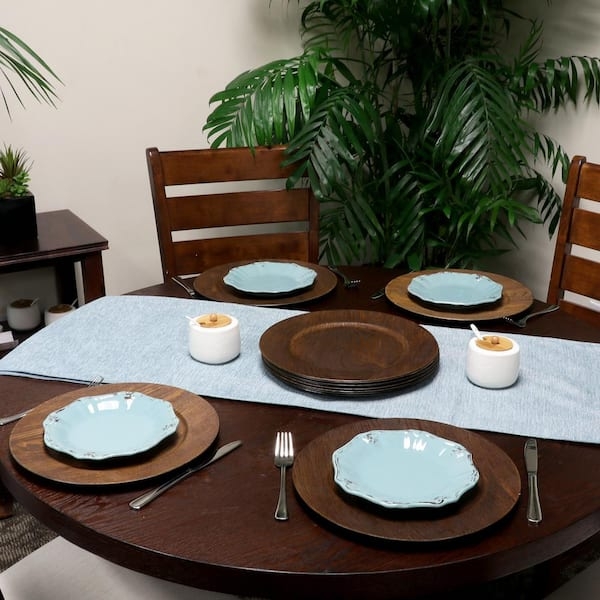 Dark Walnut Charger Plates with Wide Rim, Textured Grain, Farmhouse