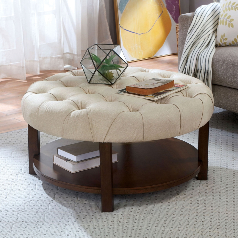 Dark Walnut Round Ottoman Warm Beige Tufted Block Legs Shelf