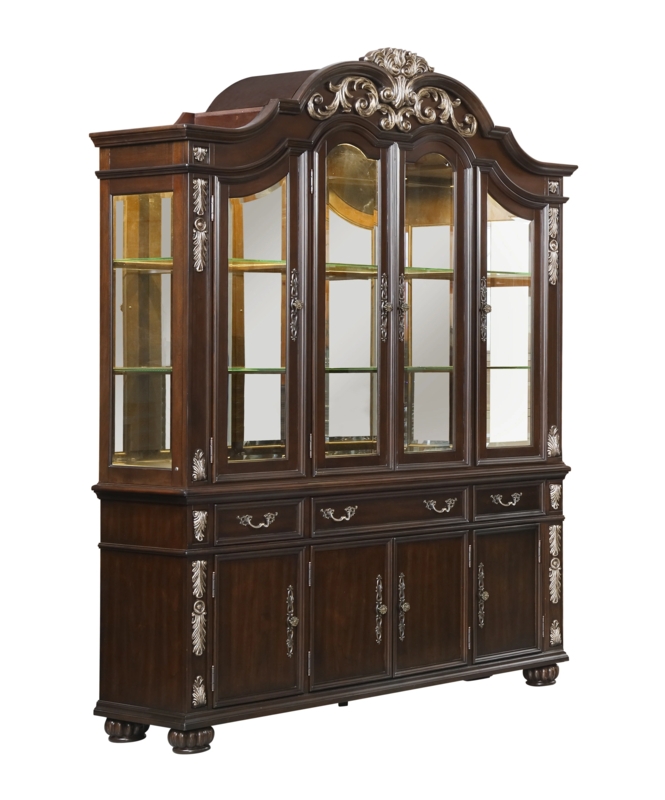 Dark Wood Buffet Cabinet with Scrolled Pediment and Silver Accents